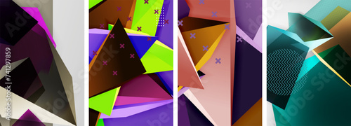 Trendy low poly 3d triangle shapes and other geometric elements background designs for wallpaper, business card, cover, poster, banner, brochure, header, website