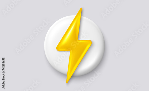 Electric energy power bolt 3d icons. Realistic 3d white pin button. Lightning thunder, Battery charge symbol. Lightning flash bolt, electric power, energy icon. White round badge. Vector illustration