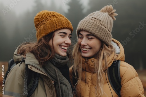 Two young women enjoying a hike while laughing. Generative Ai.