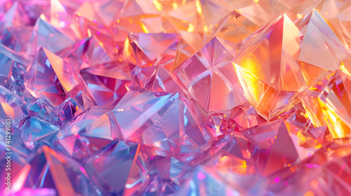 3d render, abstract crystal background, iridescent texture, macro panorama, faceted gem, wide panoramic polygonal wallpaper. generative ai