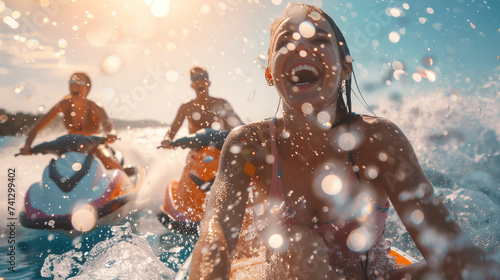 Joyful Laughter and Splashes: Close-up of a Woman Enjoying a Sunlit Jet Ski Ride with Friends, Capturing the Essence of Summer Fun on the Water © Marina