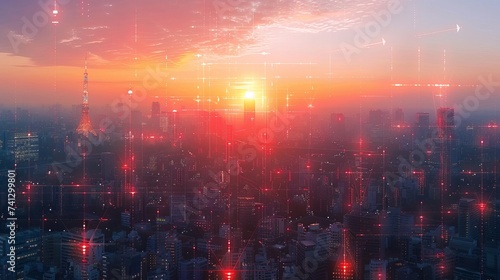 Panorama aerial view in the cityscape skyline with smart services and icons, internet of things, networks and augmented reality concept, early morning sunrise scene
