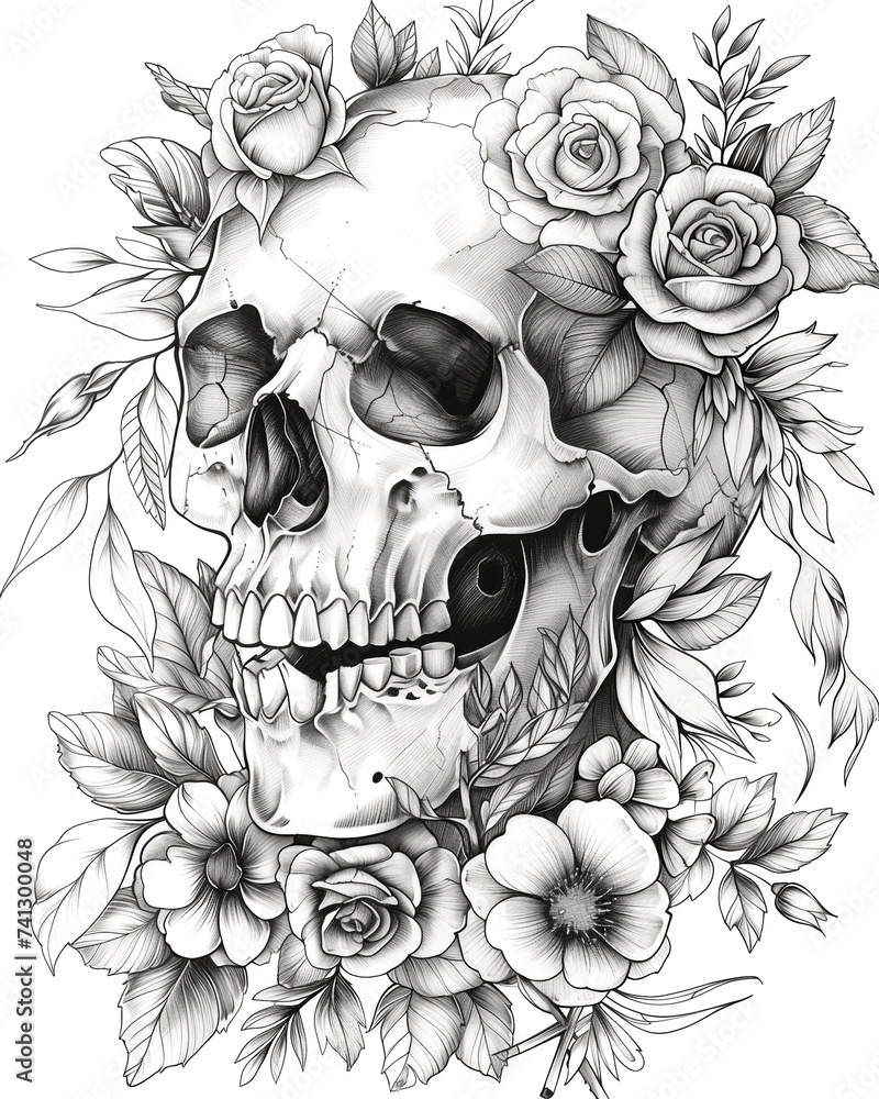 Skull design with flowers. Black and white illustration. Illustration ...