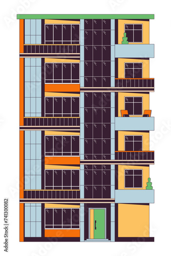 Condominium multi-storey 2D linear cartoon object. Dormitory housing estate. Living building multistory isolated line vector element white background. Property exterior color flat spot illustration