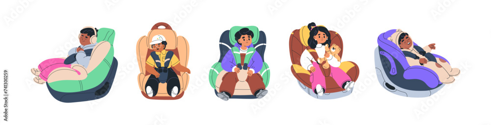 Kids passengers in baby car seats set. Children sitting in safety chairs. Fastened toddlers, boys and girls travel in auto security carrier. Flat vector illustrations isolated on white background Kids passengers in baby car seats set. Children sitting in safety chairs. Fastened toddlers, boys and girls travel in auto security carrier. Flat vector illustrations isolated on white background