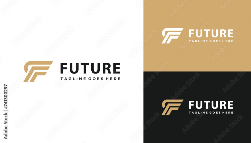 Fototapeta premium Golden Initial Letter F with Simple Monogram Line Art Logo Design
