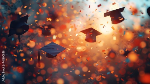 Graduation caps soaring amidst festive confetti