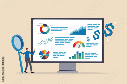 Financial report chart and graph diagram, economics or budget analysis, investment statistic dashboard, revenue or finance research concept, businessman analyze financial report on computer screen.