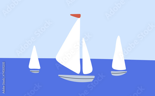 Sailboats in sea water. Sail boats, marine landscape. Yachts, wind vessels, s...
