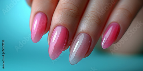 Hände mit schönen langen Nägel in Pink als Poster für Nagelsudio, ai generativ photo