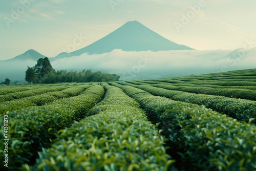A simple yet captivating image of Mount Fuji framed by rows of neatly manicured tea bushes in a tea plantation, Japanese minimalistic style, portra 400 film style