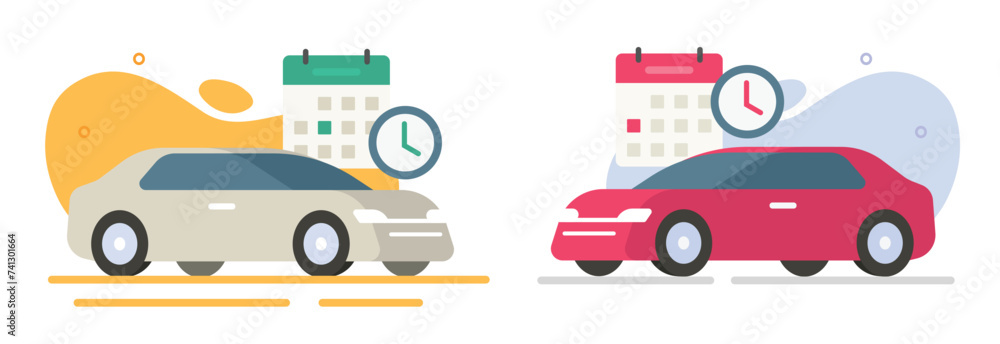 Naklejka premium Car auto rental share ride schedule service icon vector modern flat cartoon cute graphic illustration set minimal design, 3d taxi order booking reservation event vehicle automobile planner image