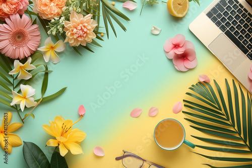 background with tropical leaves and laptop