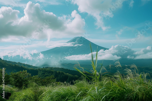 Close-up of Mount Fuji surrounded by rolling hills and lush greenery, with fluffy clouds drifting lazily overhead, Japanese minimalistic style, portra 400 film style photo