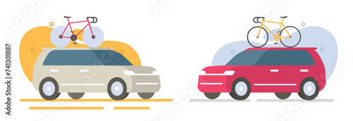 Car transporting bicycle on roof rack icon flat cartoon vector graphic illustration modern simple design set, cycle bike two suv auto vehicle top luggage carrier travel trunk trip image clipart