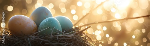 Easter eggs in nest with glowing bokeh background