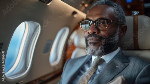 Businessman flying in his private jet