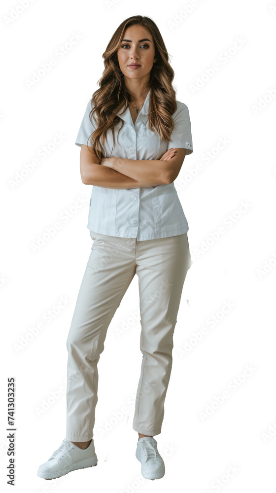 Fototapeta premium Isolated on white Background, transparent: Confident Female Dentist in Full Body Pose on Plain Background