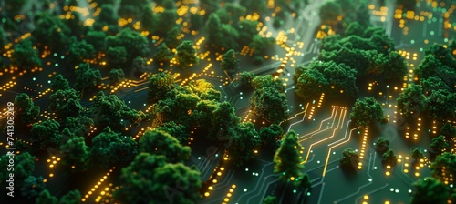 lighted electrical circuit board showing trees and cities #741303269