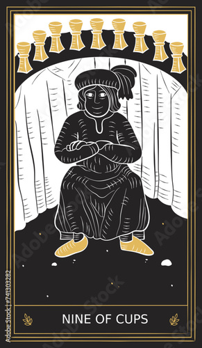Nine of Cups Tarot Card Minor Arcana in Vector Illustration
