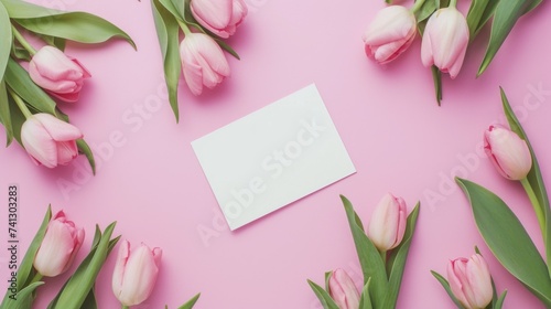 Blank Card Mockup with Pink Tulips on Pastel Background © irissca
