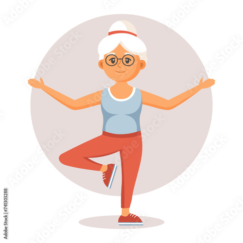 Happy old lady grandmother doing sports, yoga, walking. Elderly people exercising. Flat illustration, vector