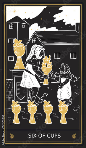 Six of Cups Tarot Card Minor Arcana in Vector Illustration