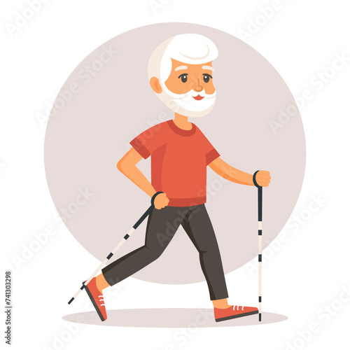 Happy old grandfather goes in for sports, yoga, walks. Elderly people exercising. Flat illustration, vector