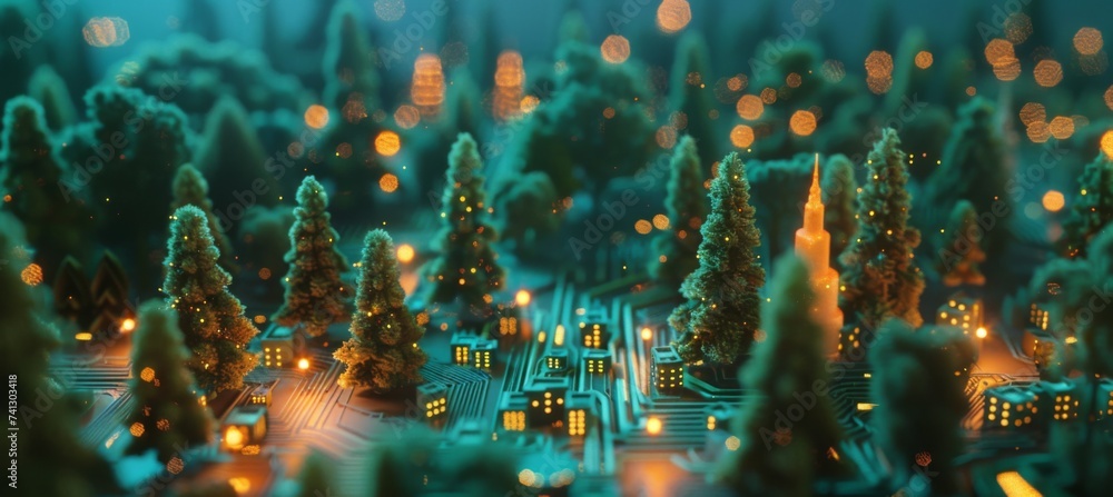 lighted electrical circuit board showing trees and cities lighted electrical circuit board showing trees and cities