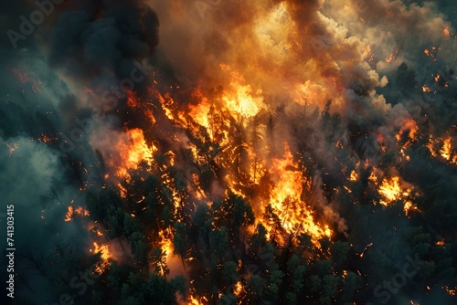 Aerial shot of blazing flames engulfing the forest in a wildfire. Concept Wildfire Destruction, Aerial Photography, Environmental Disaster, Natural Catastrophe, Climate Crisis
