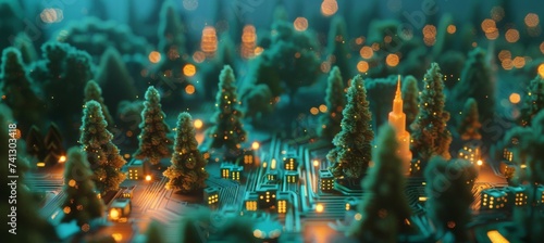 lighted electrical circuit board showing trees and cities #741303418