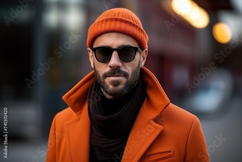 Portrait of a handsome man wearing sunglasses and a stylish orange coat