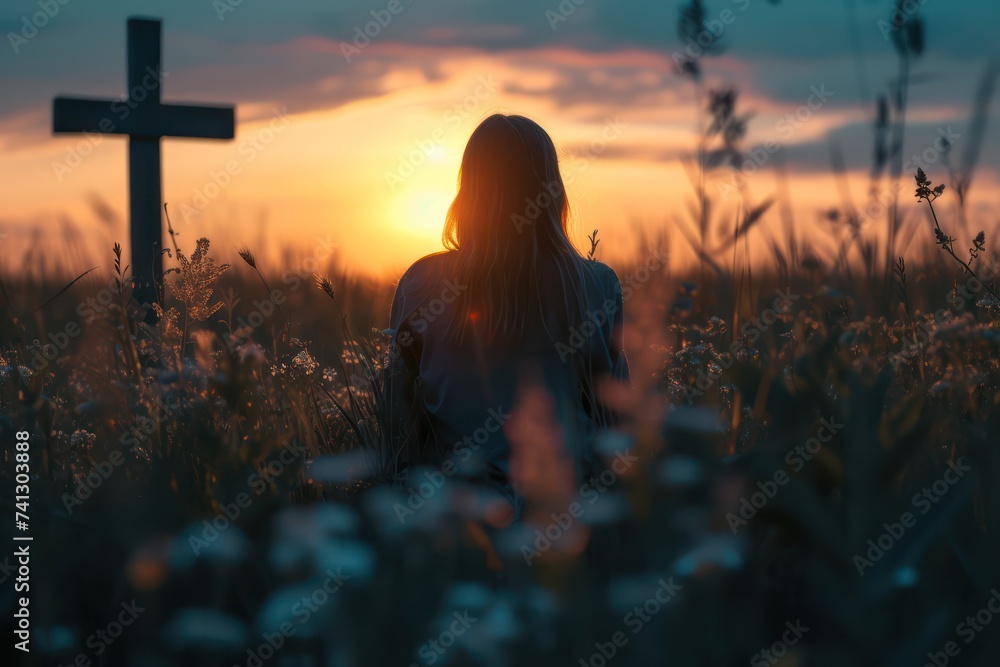 Contemplative young woman by the cross at sunset in a wildflower field - obrazy, fototapety, plakaty 