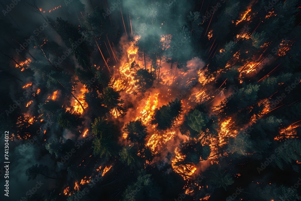 Wildfire engulfs forest in dramatic aerial shot. Concept Nature, Wildfires, Aerial Photography, Environment, Dramatic Landscapes