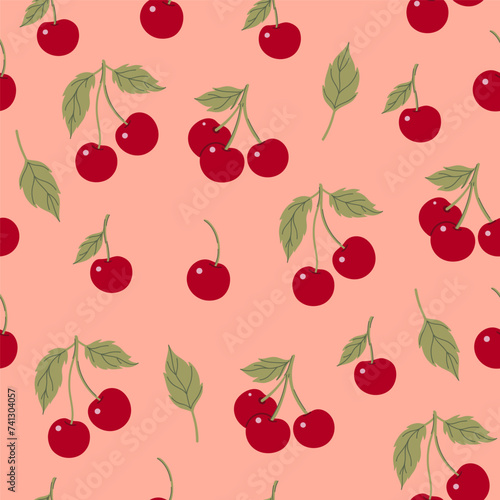 Simple seamless pattern with red cherries on a beige background. Vector graphics.