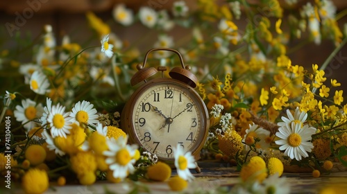 A clock on a table surrounded by white and yellow flowers