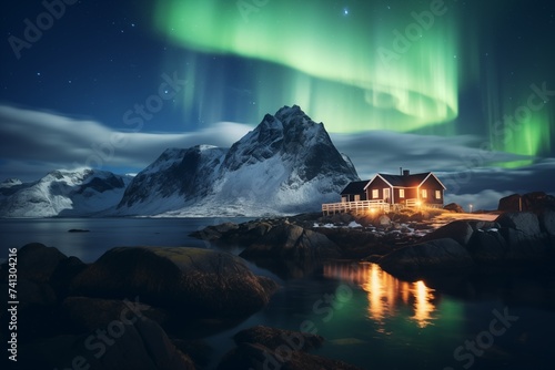 the natural phenomenon of the northern lights in the north in winter in the mountains © Katsyarina
