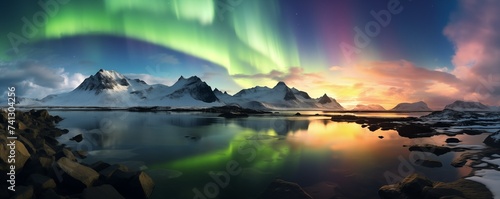the natural phenomenon of the northern lights in the north in winter in the mountains