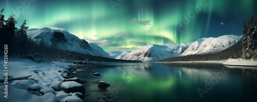 the natural phenomenon of the northern lights in the north in winter in the mountains