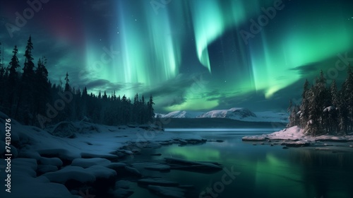 the natural phenomenon of the northern lights in the north in winter in the mountains