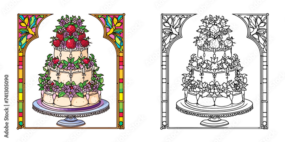 Stained Glass Wedding Cake with Presents Coloring Page Vector Art Stock