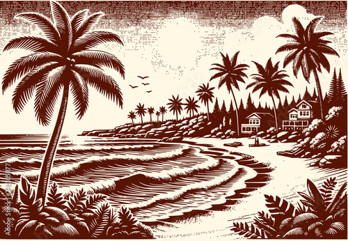 Sketch hand drawn of a tropical beach with palm trees and the sea. Hand drawn illustration vector