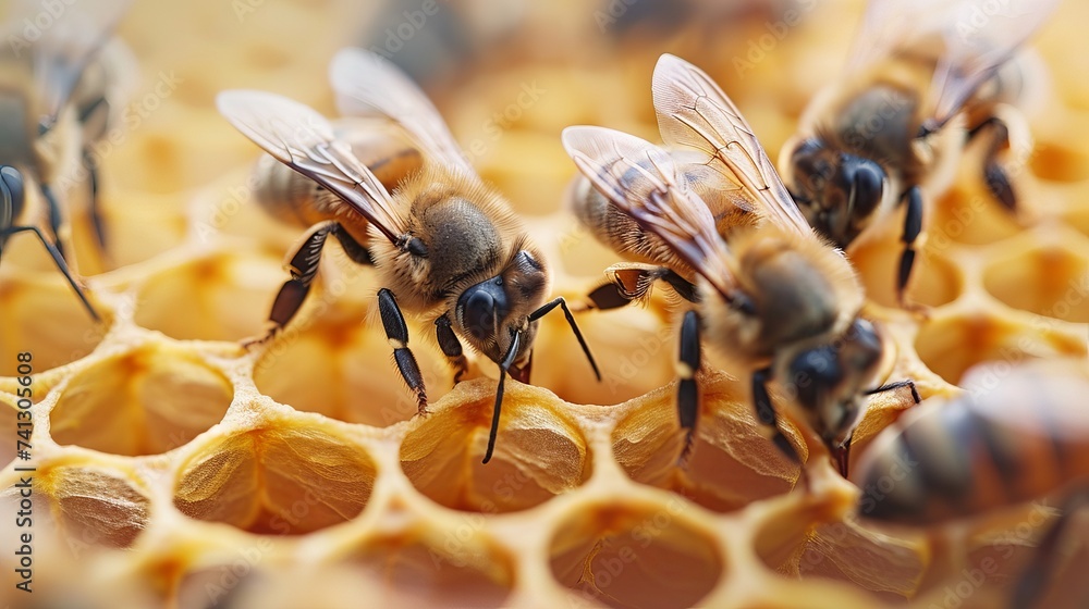 Honey bees in close-up on a wax honeycomb background with hexagon ...
