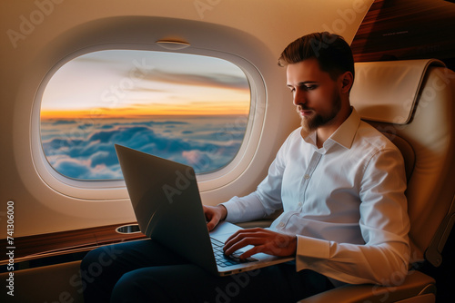 young businessman with a laptop in a superjet © Anastasiia Trembach