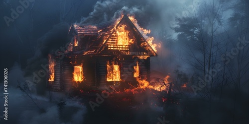 A burning house with smoke escaping suggesting a fire emergency or disaster. Concept Emergency  Fire  Disaster  House  Smoke