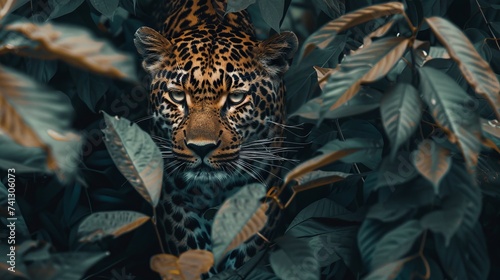 close-up of a beautiful, spotted leopard in a woodland, surrounded by green leaves