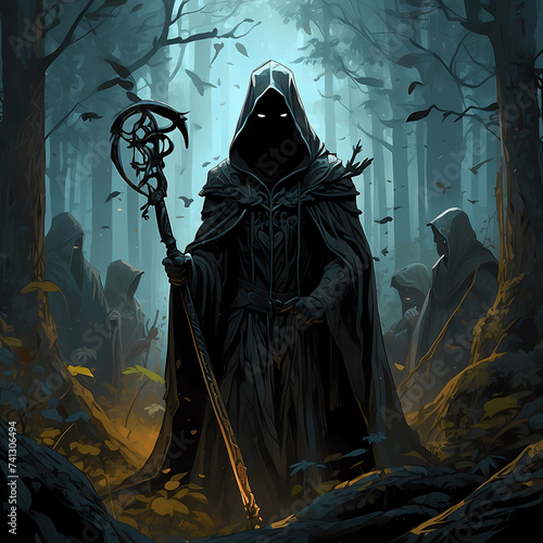 an intricate engraving of a hooded figure wielding a scythe, surrounded by shadowy creatures in a dense forest