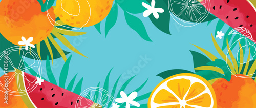 Summer tropical jungle green background vector. Colorful botanical with exotic plant, flowers, palm leaves, fruit, watercolor texture. Happy summertime illustration for poster, cover, banner, prints.