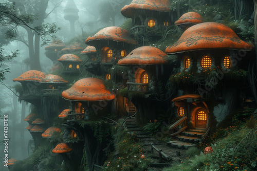 fantasy village, tiny elf houses in the forest