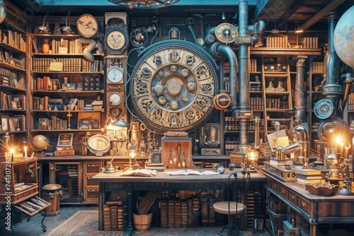 A photo capturing a room filled with numerous books and various clocks. photo